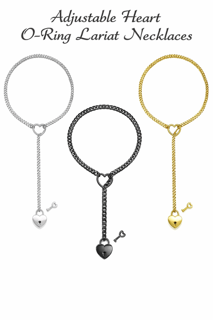 Adjustable Heart O-Ring Punk Rock Cuban Chain Necklace – Lariat Y-Style Necklace with Key & Heart Lock Pendant